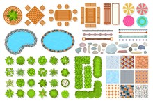 Top View Park Items. Public Furniture Outdoor Relaxing Chair, Bench And Umbrella. Gardens Trees And Water Pool. Aerial Vector Landscape Set