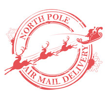 Christmas Round Stamp With The Silhouette Of Santa Claus In A Sleigh Riding No Deer