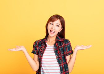 young woman Smiling and showing both hands open palms