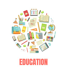 Sticker - Education Banner Template with School Supplies od Round Shape Vector Illustration