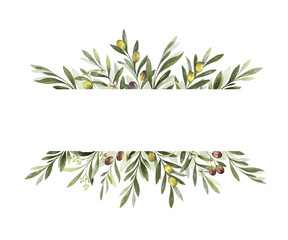 watercolor vector banner of olive branches and leaves.