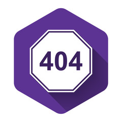 Poster - White Page with a 404 error icon isolated with long shadow. Template reports that the page is not found. Purple hexagon button. Vector Illustration