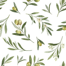 Watercolor Vector Seamless Pattern Of Olive Branches And Leaves.
