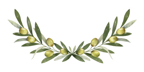 Canvas Print - Watercolor vector wreath of olive branches and berries.