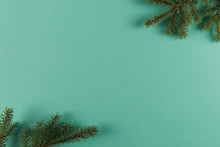 Fir Branch On A Green Background, Christmas Concept, Copy Space.