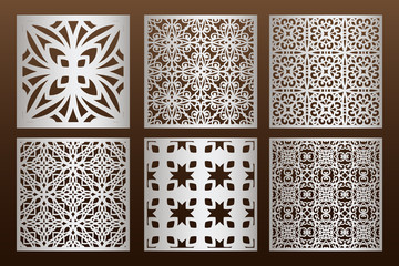 Wall Mural - Laser cut panel set in arabic style, cabinet fretwork perforated screen templates . Ornamental panels template set for cutting exterior. Silhouette geometric pattern. Metal, paper or wood carving.