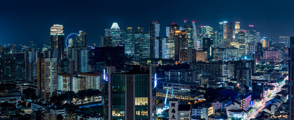 Wall Mural - Wide panorama image of Singapore Cityscape at night