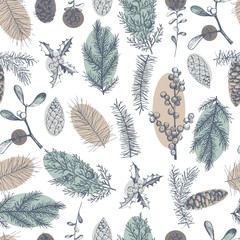 Wall Mural - Vector  seamless pattern with hand drawn Christmas plants