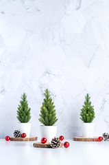 Aufkleber - Three christmas tree with pine cone and decor xmas ball on white table and marble tile wall background.clean minimal simple style.holiday still life mockup banner with space to adding text