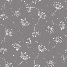 Seamless Pattern Texture With Outline Dandelions On Gray Background.