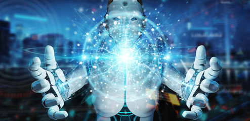Fototapete - White robot creating renewable and sustainable eco energy with electrical sphere 3D rendering