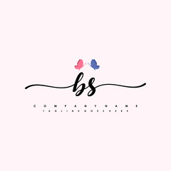 Initial BS with a butterfly on the handwriting Logo vector. Letter Logo Handwriting Template. two blue and ping butterflies