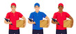 © annagarmatiy - Set of young delivery men: Asian, European, African American. Smiling male courier wearing t-shirt and cap holding box and clipboard. Front view. Vector illustration isolated on white background.