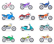 Motorbike Set. Motorcycle And Scooter, Bike And Chopper. Motocross And Delivery Retro And Modern Vehicles Side View Vector Icons. Illustration Scooter And Motorcycle, Chopper And Sport Bike