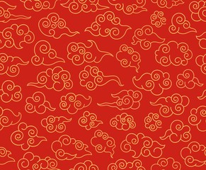 Chinese clouds pattern. Traditional asian ornament. Red decorative swirling sky cloud in japanese style vector seamless fabric texture. Chinese and korean oriental traditional pattern illustration