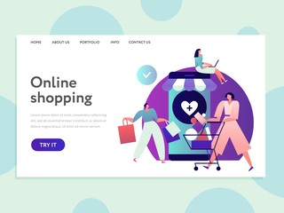 Poster - Online shopping landing. Internet purchasing and easy delivery app. E-commerce and secure transactions web page vector design. Online marketing shop, purchase in internet store illustration