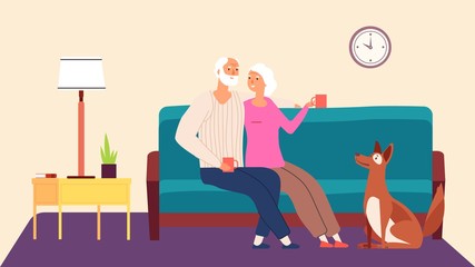 Elderly couple. Hygge family evening vector concept. Old man woman dog in living room. Illustration grandfather and grandmother with pet