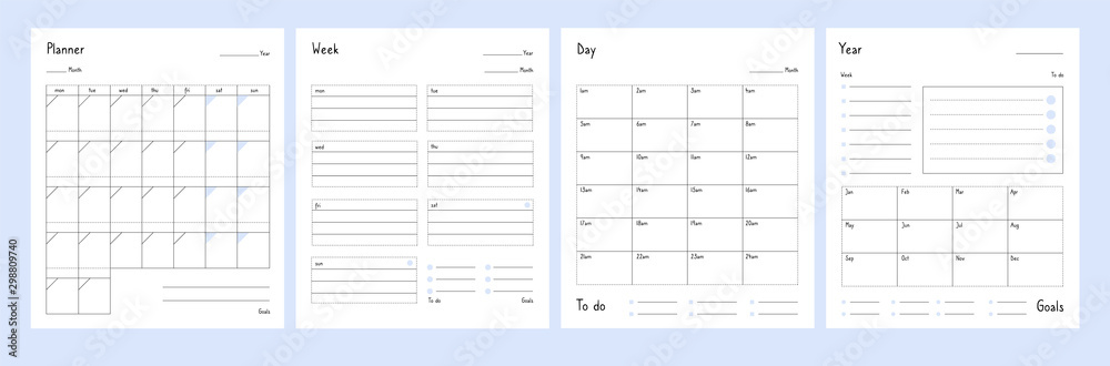 Planner templates. Year, weekly and day planning tabs for notebook pages. Business book diary, office organizer plans vector set. Illustration planner year and date, day plan calendar - obrazy, fototapety, plakaty 