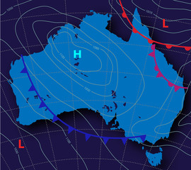 Wall Mural - meteologic weather forecast on the map of australia on a dark background. vector illustration.