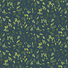 Wall Mural - Foliage seamless pattern with plants and leaves. Vector green and blue dark background.