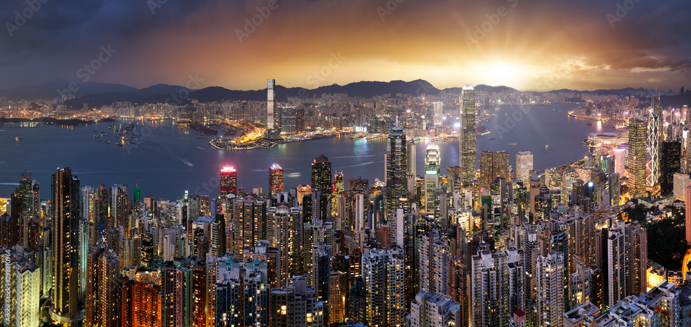 Hong Kong skyline panorama at dramatic sunset, China - Asia - obrazy, fototapety, plakaty 