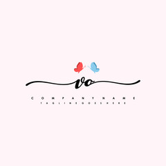 Initial VO with a butterfly on the handwriting Logo vector. Letter Logo Handwriting Template. two blue and ping butterflies