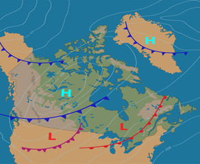 Wall Mural - weather map of the canada. realistic synoptic map of the country showing isobars and weather fronts.