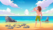 Castaway Man On Uninhabited Island, Lonely Stranded Longhaired Character Stand On Seaside Looking Into Distance On Ocean With Sos Sign Made Of Stones Lying On Sandy Beach. Cartoon Vector Illustration