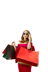 Sticker - Asian woman in red clothes and sunglasses carrying shopping bags