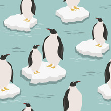Colorful Background With Penguins On The Ice Floes. Decorative Cute Backdrop Vector. Sea Birds, Seamless Pattern