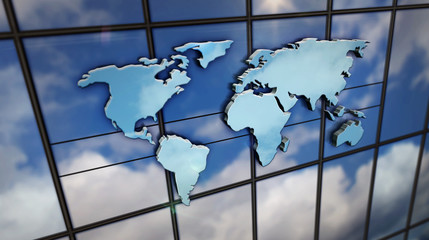 Wall Mural - World Map sign on glass wall and mirrored building