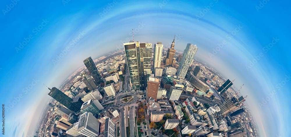 Beautiful panoramic aerial drone view to panorama cityscape of Warsaw modern City, PKiN and "Rondo 1" office skyscraper located at Rondo ONZ - obrazy, fototapety, plakaty 