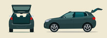 CUV Car With Open Boot. Side And Back View. Vector Flat Style Illustration.