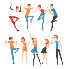 Poster - Happy People Celebrating Event Set, Smiling Young Men and Women Dancing at Party Vector Illustration