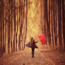 Young Woman Dancing In An Autumn Park With An Umbrella, Spinning And Holding An Umbrella, Autumn Walk In A Yellow October Park