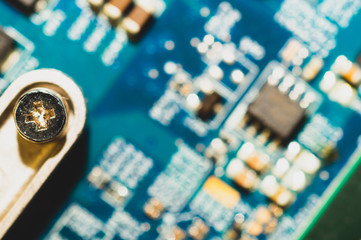 macro detail of circuit board. computer motherboard close up. micro elements of computer. intelligen