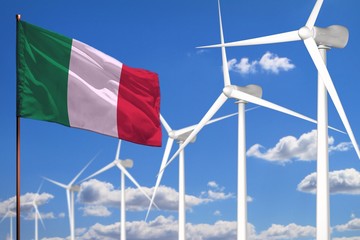 Italy alternative energy, wind energy industrial concept with windmills and flag industrial illustration - renewable alternative energy, 3D illustration