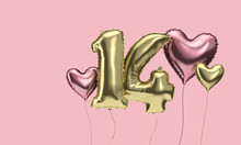 Happy 14th Birthday Party Celebration Balloons With Hearts. 3D Render