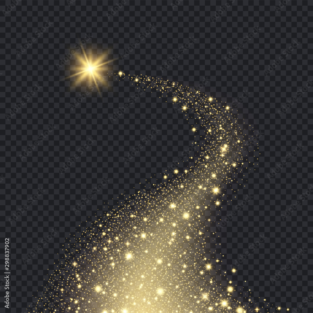 Magic realistic stars. Glowing shape from sparks spiral motion graphic bokeh glitter falling golden stars vector background. Magic star sparkle, golden glow, glowing bright illustration - obrazy, fototapety, plakaty 