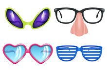 Masquerade Glasses. Celebration Funny Items Different Forms Of Party Mask Glasses Vector Realistic Collection. Funny Glasses To Masquerade Celebration Illustration