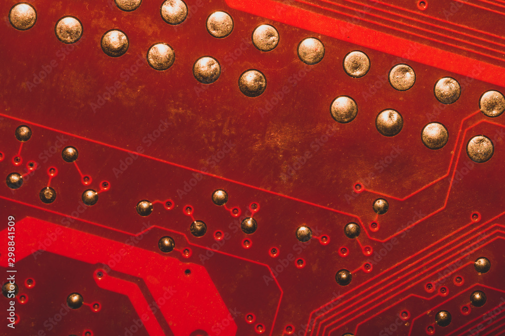 Spoiled motherboard close up. circuit board with dust and defects ...