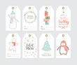 © mgdrachal - Set of cute Christmas gift tags in hand drawn doodle style. Vector greeting card designs with lettering and illustrations of winter wreath, snowman, penguin, gift boxes, gingerman, christmas tree.