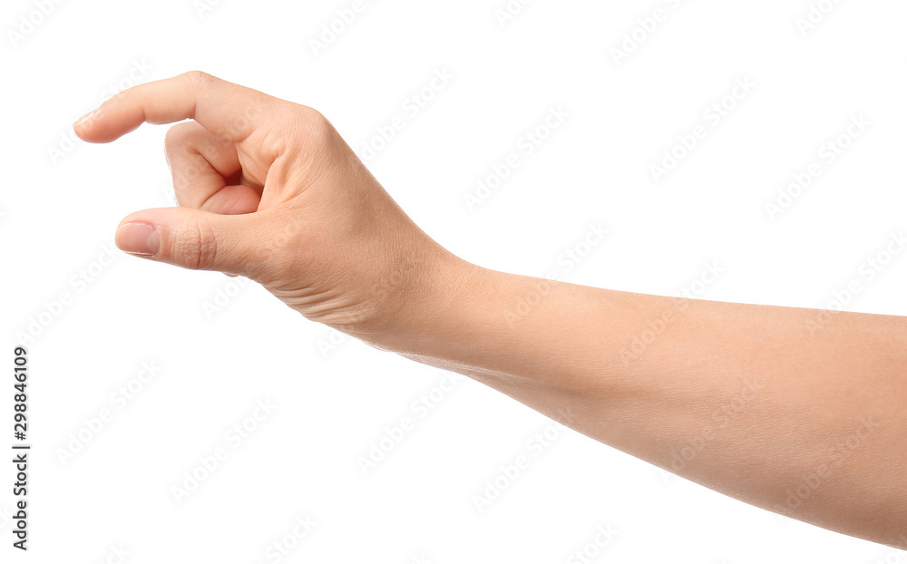 Hand of woman holding something on white background