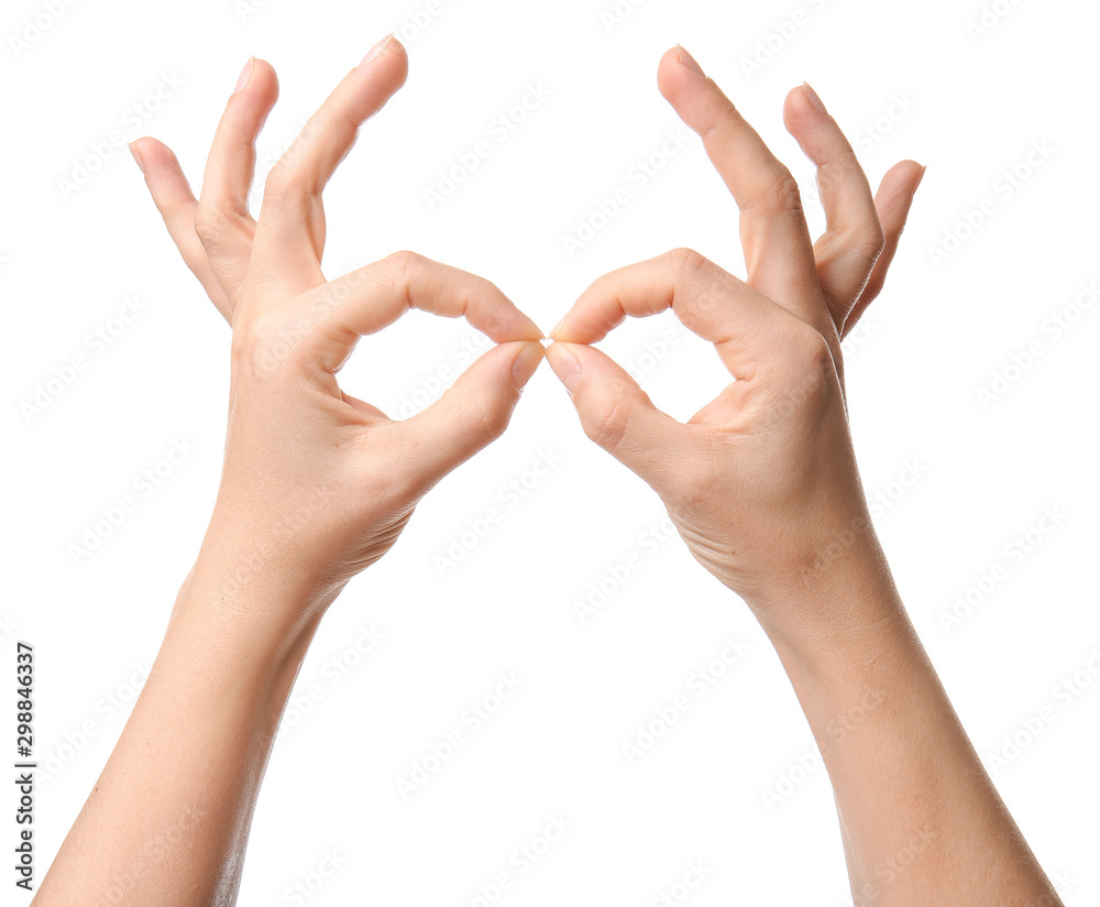 Hands of woman on white background