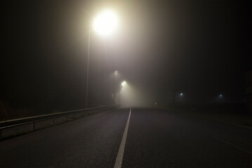 Wall Mural - The thick fog above the asphalt road in the night outside the city