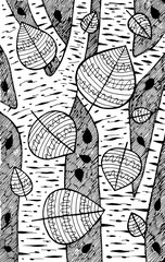  Aspen - tree illustration. Black and white ink leaves drawing. Coloring book for adults. Line art. Vector artwork