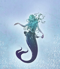 Fantasy original raster illustration of a cute and beautiful anime mermaid with long blue curly  hair with her back to the viewer