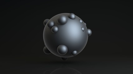 Poster - 3D rendering of a large sphere and many small ones immersed in the surface of a large one. Abstract image of spherical figures on a dark reflective background. The idea for a futuristic compositions.