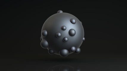 Poster - 3D rendering of a large sphere and many small ones immersed in the surface of a large one. Abstract image of spherical figures on a dark reflective background. The idea for a futuristic compositions.
