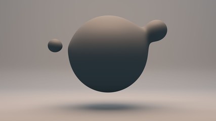 Poster - 3D rendering of grey liquid substance with . The big sphere merges with the small. The composition of futuristic design on a dark reflective background. Idea for desktop background images.